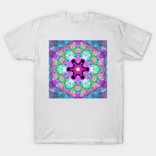 Psychedelic Mandala Flower Blue Pink and Yellow T-Shirt